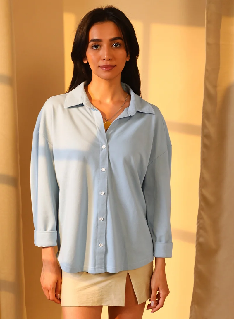 بينيا كولادا Women's Icy Blue Solid Boxy Shirt For Casual Wear | Spread Collar | Long Sleeve | Button Closure | Shirt Designed With Comfortable Fit For Woman & Girls